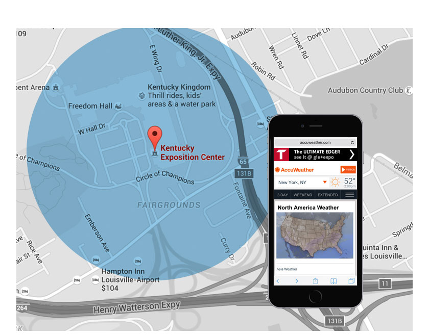 mobile device showing turf teq ad and map with radius that shows targeted ad display, geo-fencing concept